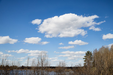 Spring flood of the river and blue sky and white clouds over it