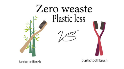 Zero waste concept poster. Plastic toothbrush vs bamboo toothbrush