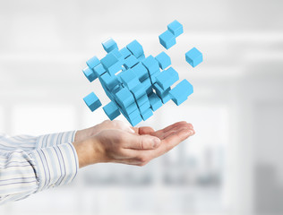 Concept of technology integration and innovation presented by cube figure. Mixed media