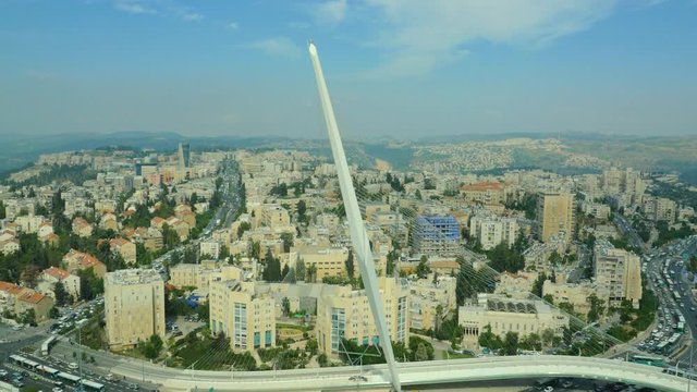AERIAL: The Chords Bridge also called the Bridge of Strings or Jerusalem Light Rail Bridge