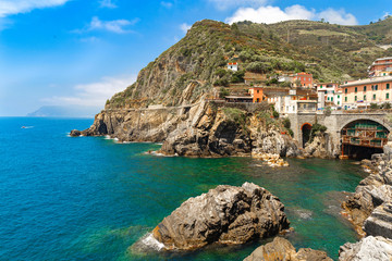 Fototapeta na wymiar View of the Riomaggiorein in Cinque Terre Italy