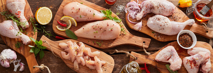 Panorama banner of raw chicken portions - obrazy, fototapety, plakaty