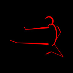 Silhouette of a man doing karate kick. Line art doodle sketch. Red outline on black background. Picture can be used in greeting cards, posters, flyers, banners, logo etc. Vector illustration. EPS10