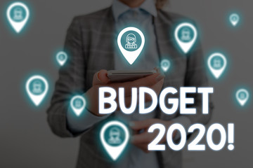 Handwriting text writing Budget 2020. Conceptual photo estimate of income and expenditure for next or current year Woman wear formal work suit presenting presentation using smart device