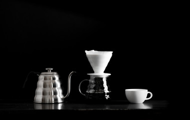 Coffee, black coffee, drip coffee, making coffee in low-light black