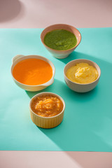 Homemade vegetable baby food purees in glass jars