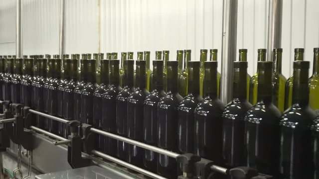 Bottling and sealing conveyor line at winery factory