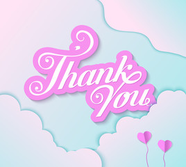 Fototapeta premium Romantic card with handwritten text thank you. Pastel colors, paper style. Pink Inscription in the clouds with hearts. brush pen lettering design. illustration.