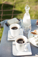 Colorful, fresh, organic, traditional village breakfast outdoors in summertime