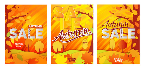 Fototapeta premium Set bright orange poster, the gold autumn forest. With text - Autumn Sale up to 50 . illustrations for flyers, leaflet, ads.