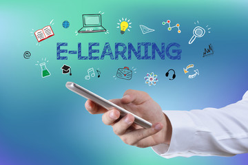 E-learning concept, a male hand using internet with smart phone and computer graphics