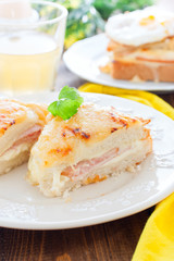 French sandwich with cheese and ham croque monsieur, selective focus