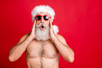 Close-up portrait of his he nice attractive handsome funky positive gray-haired man having fun...