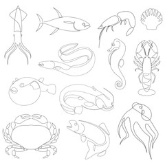 Underwater animals collection drawn by one line. Minimalist style sea and ocean creatures. Vector illustration