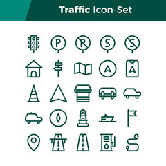 Simple Set of Traffic Related Vector Line Icons. Contains such Icons as Traffic Light, Parking Area, Cone, Gas Station, and more. Editable Stroke. 32x32 Pixel Perfect.