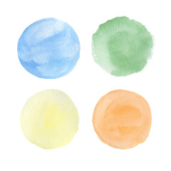 set of yellow, orange, blue, green pastel watercolor texture circles isolated on a white background