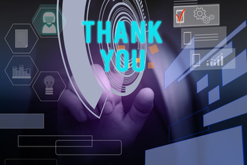 Text sign showing Thank You. Business photo text a polite expression used when acknowledging a gift or service Male human wear formal work suit presenting presentation using smart device
