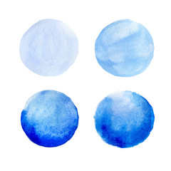 set of blue sky, sea, winter watercolor texture circles isolated on a white background