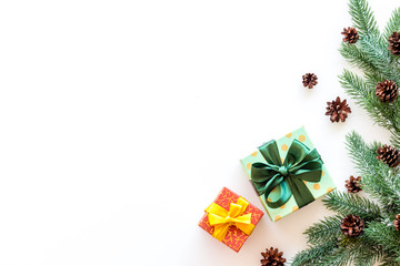 new year party preparation frame with gifts on white background top veiw space for text