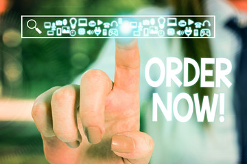 Text sign showing Order Now. Business photo text confirmed request by one party to another to buy sell Woman wear formal work suit presenting presentation using smart device