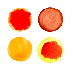 set of red, yellow, orange watercolor texture circles isolated on a white background