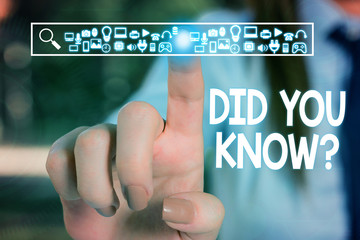 Text sign showing Did You Know Question. Business photo text when you are asking someone if they know fact or event Woman wear formal work suit presenting presentation using smart device