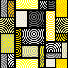Yellow geometric pattern in a patchwork collage style.