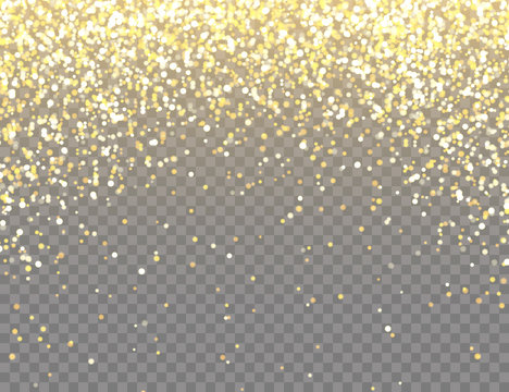 Sparkling Golden Glitter with Bokeh Lights on Transparent Vector Background. Falling Shiny Confetti with Gold Shards. Shining Light Effect for Christmas or New Year Greeting Card.