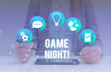 Conceptual hand writing showing Game Night. Concept meaning usually its called on adult play dates...