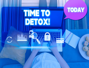 Conceptual hand writing showing Time To Detox. Concept meaning when you purify your body of toxins or stop consuming drug woman smartphone speech bubble office supplies technology