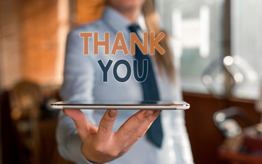 Writing note showing Thank You. Business concept for a polite expression used when acknowledging a...