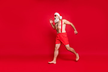 Full length body size view of his he nice attractive cheerful funky muscular gray-haired man having...