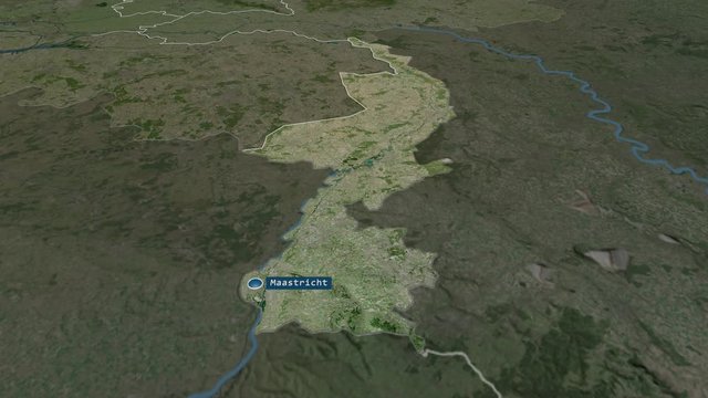 Limburg - province of Netherlands with its capital zoomed on the satellite map of the globe. Animation 3D