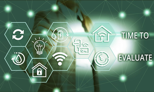 Handwriting text writing Time To Evaluate. Conceptual photo judge something with respect to its worth or significance Female human wear formal work suit presenting presentation use smart device