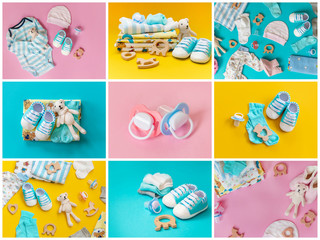 Collage baby accessories on a colored background. Selective focus.