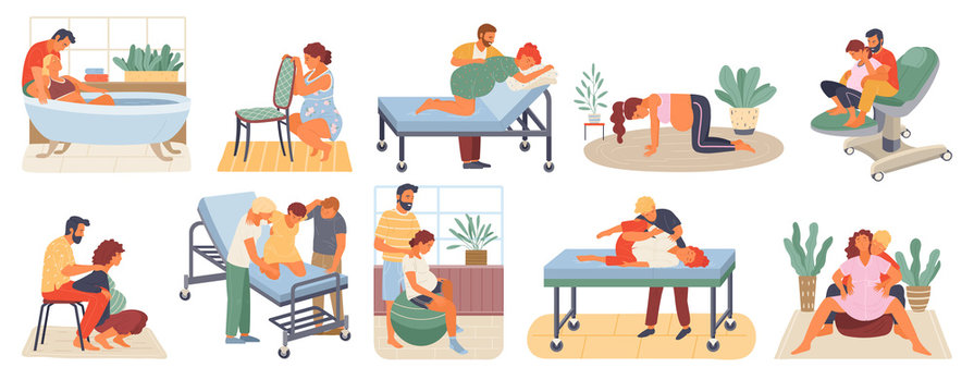 Position of pregnant woman, reproduction set, man obstetrics. Female with belly giving birth on floor, chair and ball, bath. Husband helps childbirth. Childbirth labor positions and postures at home