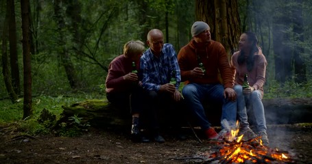 elderly and adult people are having fun on picnic in forest, warming near campfire