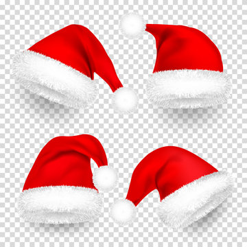 Christmas Santa Claus Hats With Fur and Shadow Set. New Year Red Hat Isolated on Transparent Background. Winter Cap. Vector illustration.