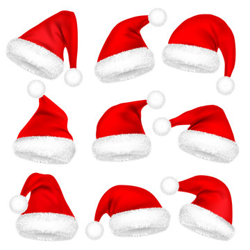Christmas Santa Claus Hats With Fur Set. New Year Red Hat Isolated on White Background. Winter Cap. Vector illustration.