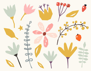 Floral paper cut shapes on white background. Cute and modern wallpaper, web background, fabric and packaging design.