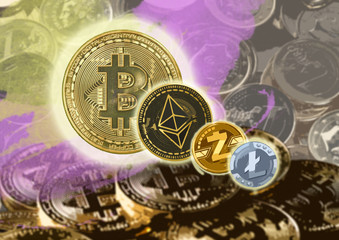 Bitcoin, ethereum, and other electronic currencies on a background made with brushes and euros