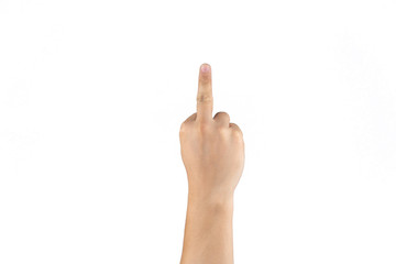 Asian Thai males raises his isolated middle finger up on the white background.
