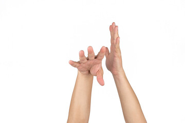 Asian Thai males hand posture shooting Basketball skill close up only to two hand after shot follow through the ball out  with white background.