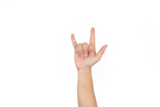 Asian Thai males raise up his hand and showing the Sign of love on the white background.
