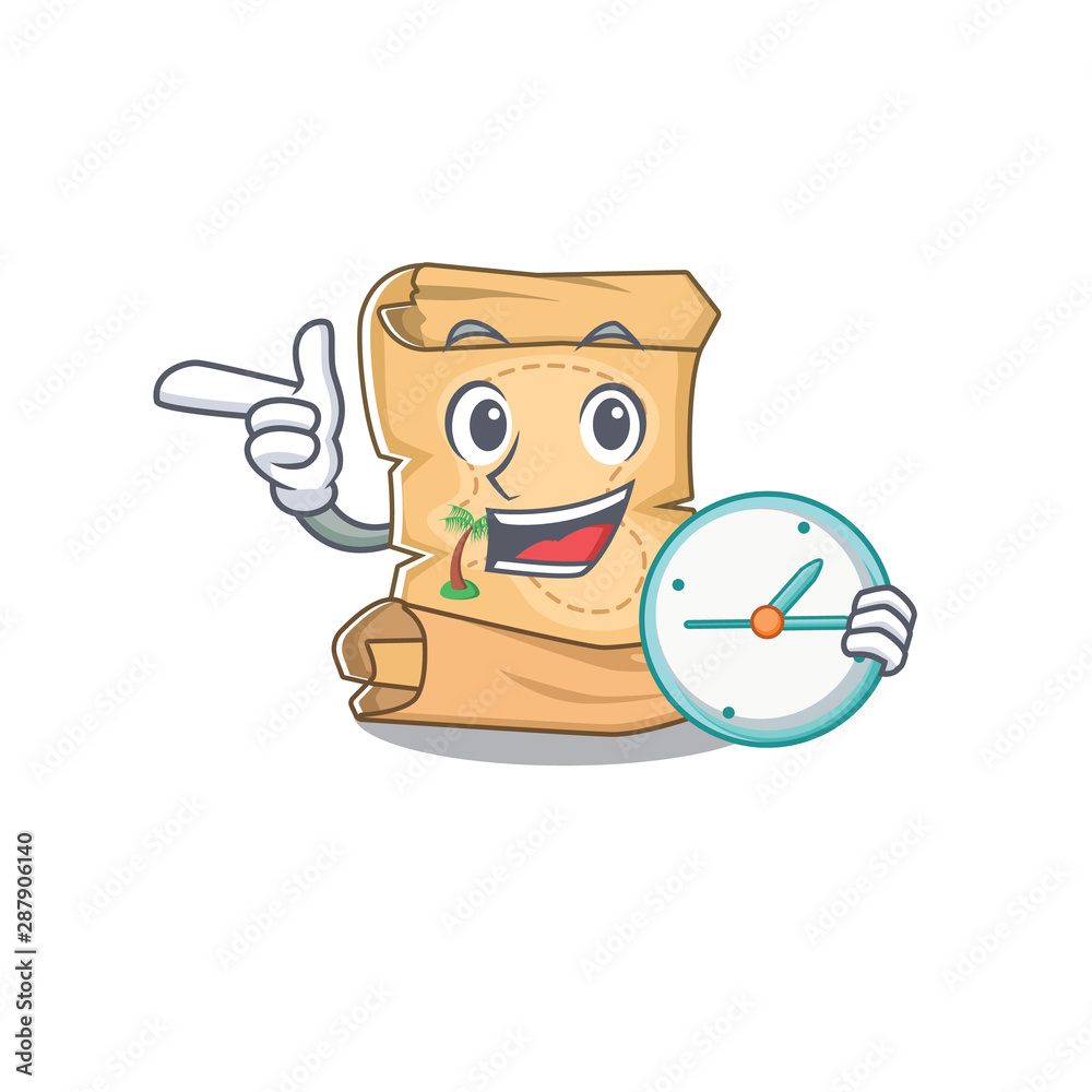 Poster With clock mascot treasure map in character bag