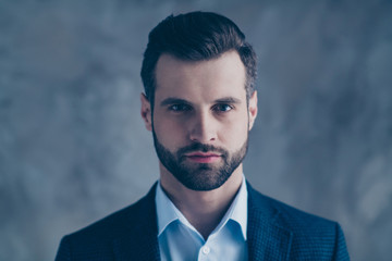 Close up photo of dreamy man entrepreneur looking gorgeous wearing blazer jacket isolated over gray background