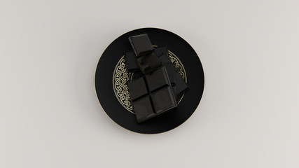 Black and Gold Saucer with Luxury Black ink Chocolate 3d illustration 3d render