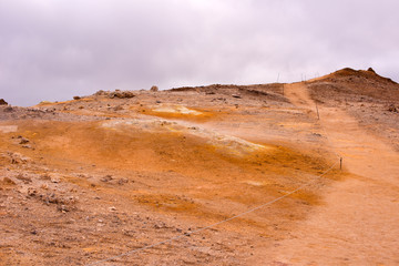 Namafjall Hverir geothermal area in North Iceland. Sulfur fields near of Mývatn lake, Iceland, Europe.