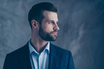 Profile side photo of minded classy person good-looking wearing stylish blazer jacket formal wear...