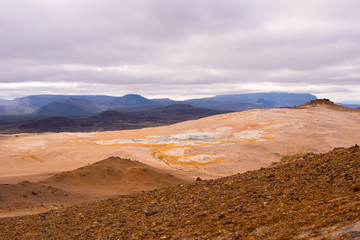 Namafjall Hverir geothermal area in North Iceland. Sulfur fields near of Mývatn lake, Iceland, Europe.